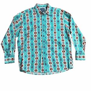 Wrangler Men's XL Pearl Snap Western Shirt Southwest Aztec Turquoise Red Blue LS